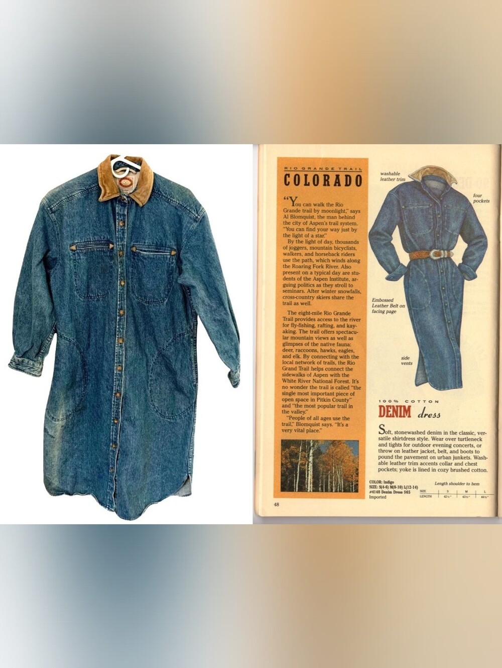 Authentic 1988 Vintage BananaRepublic Denim Dress w/ Leather Trim 80s Safari Era